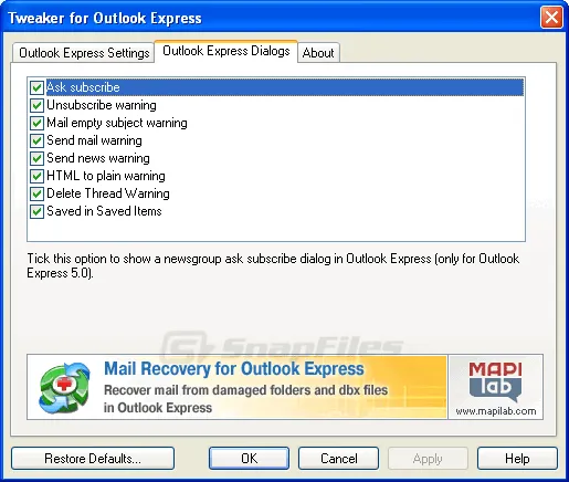 Tweaker for Outlook Express Screenshot 2