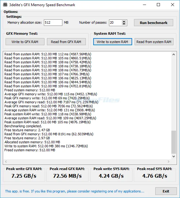 GFX Memory Speed Benchmark Screenshot 1