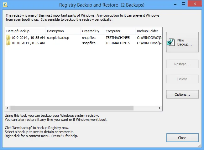 RegBak Screenshot 1